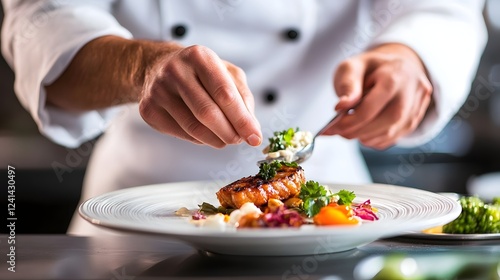 Fototapeta Naklejka Na Ścianę i Meble -  Close up of a chef s hands carefully arranging and plating a gourmet seafood dish with colorful vegetables and garnishes in a professional restaurant kitchen setting