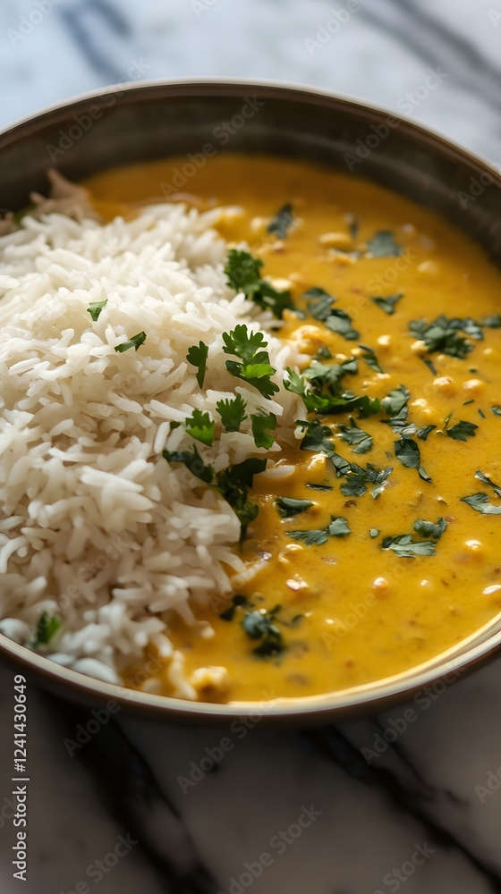 Fluffy basmati rice served with aromatic curry sauce. Fluffy basmati rice served with aromatic curry sauce.