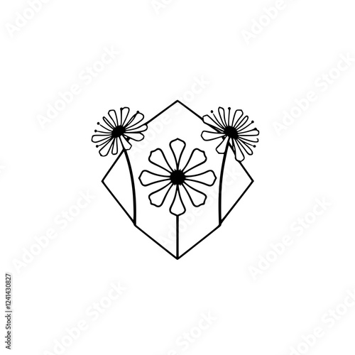 Geometric Dandelions: Minimalist Black and White Floral Line Art Print