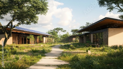 Wallpaper Mural Eco-friendly village pathway, sunny savannah, sustainable homes, solar panels, architectural rendering Torontodigital.ca