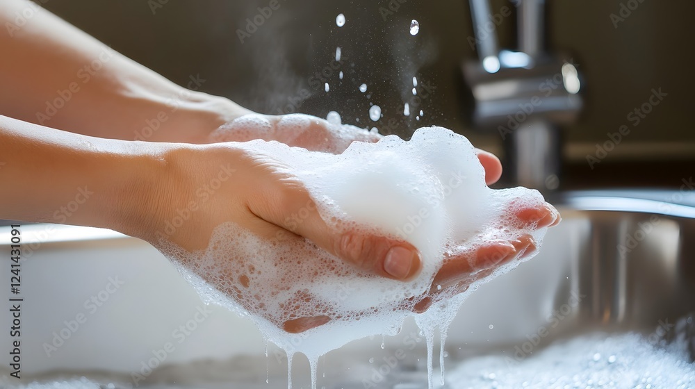 Fototapeta premium Close up of a woman s hands under running water diligently washing with soap as part of her daily hygiene and self care routine for health wellness and beauty The serene refreshing