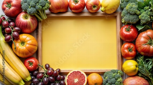 Colorful fruits and vegetables encircling textured wooden frame with central solid backdrop, fresh produce artistry, rainbow food palette, modern culinary design, natural lighting and appetizing aesth photo