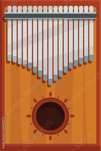 Kalimba, a traditional african instrument, featuring metal tines and a wooden soundboard with a decorative sound hole