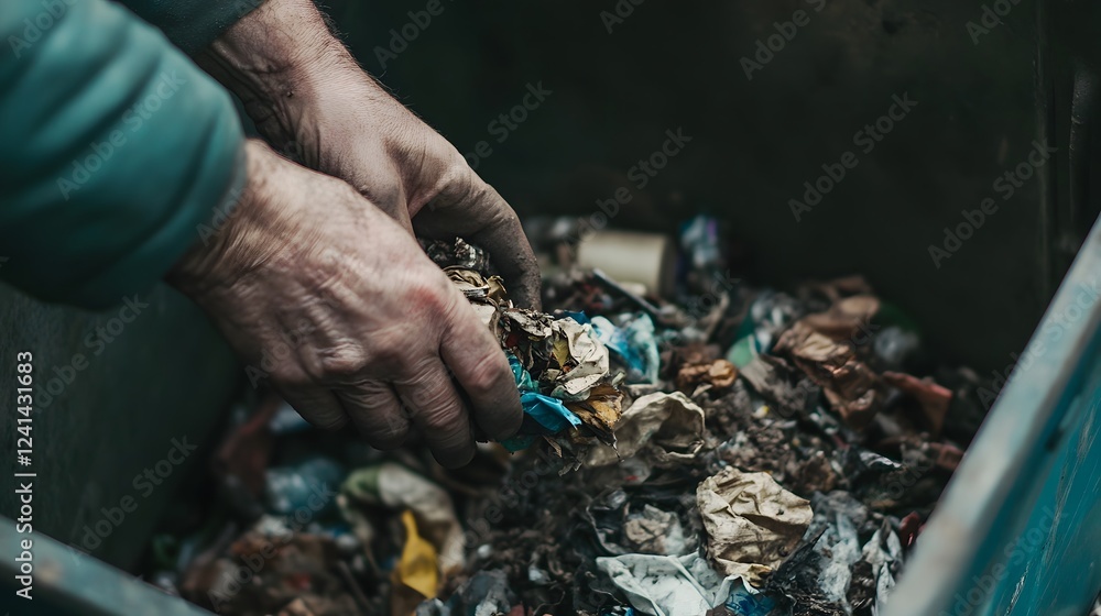 Close up of caring hands meticulously sorting through a pile of recycled and discarded items Close up of caring hands meticulously sorting through a pile of recycled and discarded items