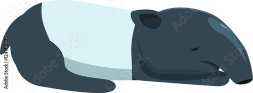 Cartoon illustration of a malayan tapir sleeping peacefully, showcasing its unique black and white markings