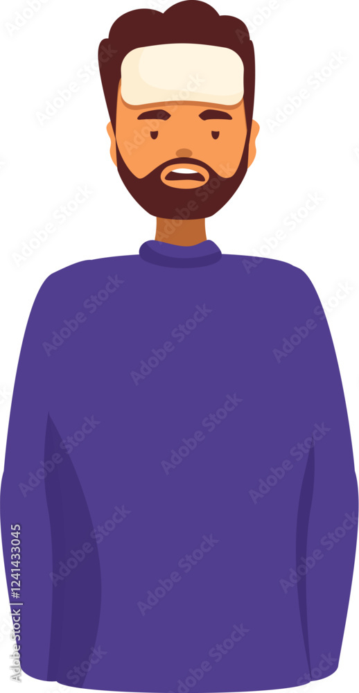 Man with a compress on his forehead suffering from a cold and flu having fever and headache Man with a compress on his forehead suffering from a cold and flu having fever and headache