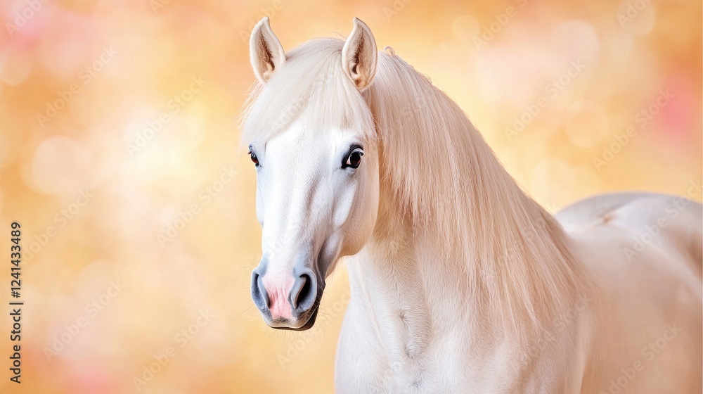 Obraz premium Majestic white horse portrait, autumnal bokeh