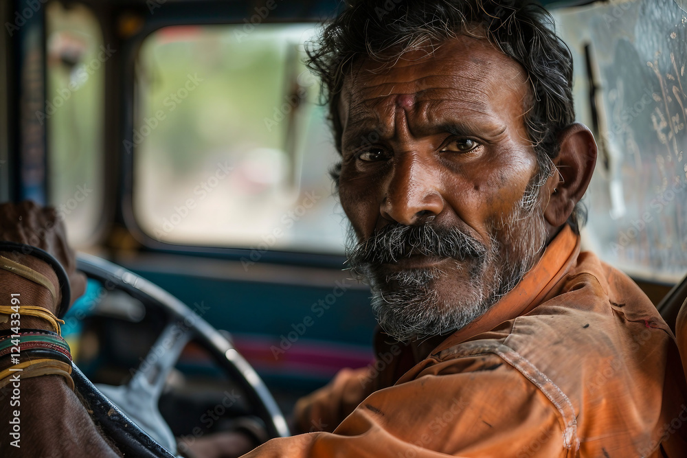 Generative AI portrait of a smiling truck driver inside a vehicle, showcasing a confident and professional demeanor Generative AI portrait of a smiling truck driver inside a vehicle, showcasing a confident and professional demeanor