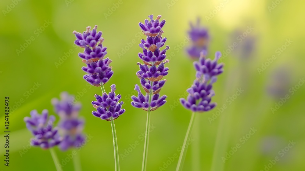 Obraz premium A close-up of lavender flowers in full bloom, with the soft purple hues contrasting against the lush green background