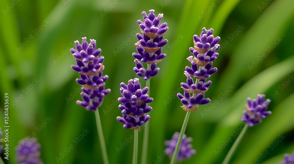 Obraz premium A close-up of lavender flowers in full bloom, with the soft purple hues contrasting against the lush green background