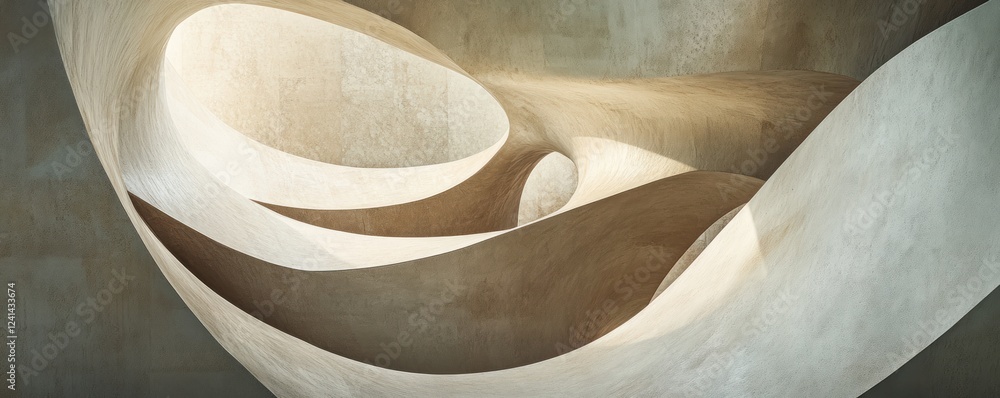 Fototapeta premium Abstract beige interior curves; light, shadow, architectural design; modern building