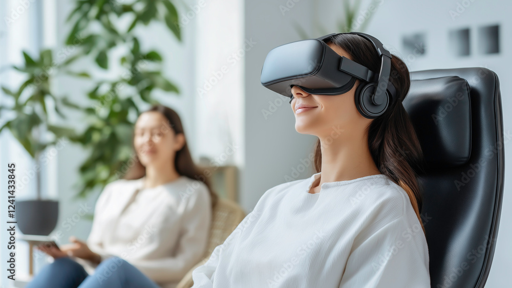 Two women engage in a virtual reality session showcasing the immersive experience of technology in a modern setting. Two women engage in a virtual reality session showcasing the immersive experience of technology in a modern setting.