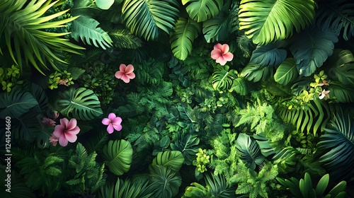 An Exquisite Overhead View of Flourishing Tropical Rainforest Complete with Diverse Flora and Charming Wildlife for Stunning Nature Illustrations