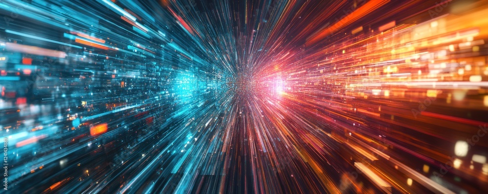 Fototapeta premium Digital Data Stream Converging, Futuristic Tunnel, Background Glow, Tech Concept