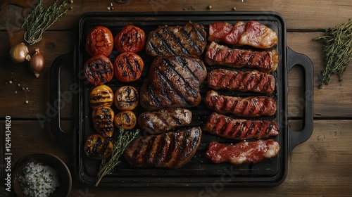 Wallpaper Mural Flat lay of grilled meats and vegetables, rustic setup, bold and smoky tones, appetizing and hearty vibe Torontodigital.ca
