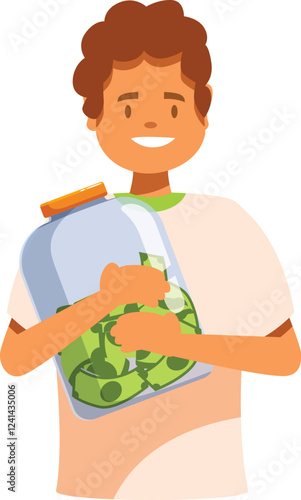 Young boy hugging transparent jar full of money, saving his pocket money