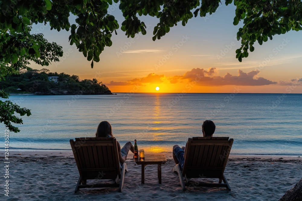 Fototapeta premium As the sun sets, casting a warm glow over the beach, two individuals unwind in lounge chairs, enjoying the summer warmth and gentle waves under a vibrant sky enhancing the evenings beauty