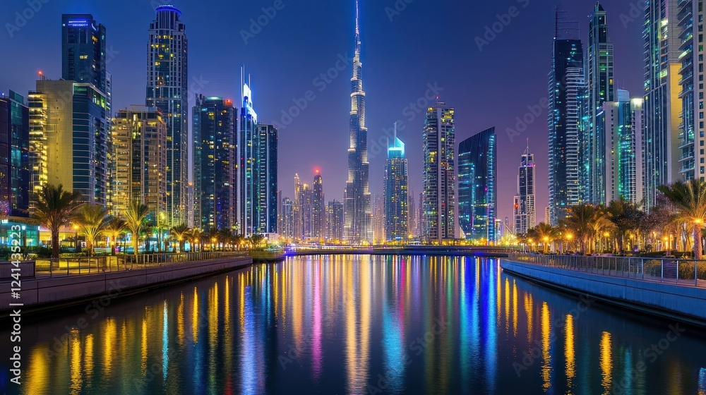 Naklejka premium Dubai skyline night cityscape reflection canal waterfront tourism