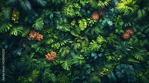 An Exquisite Overhead View of Flourishing Tropical Rainforest Complete with Diverse Flora and Charming Wildlife for Stunning Nature Illustrations