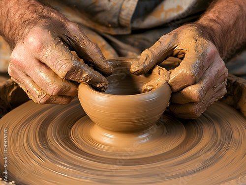 Close-up of a potter shaping clay on a potter's wheel photo