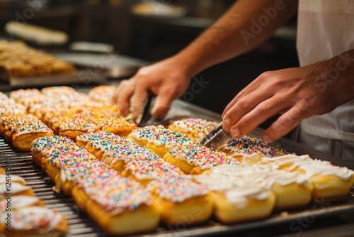 Baker adding finishing touches with colorful sprinkles on pastries in bakery