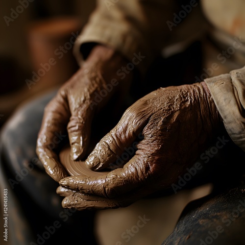 Close-up of a potter shaping clay on a potter's wheel photo