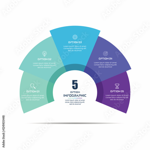 Business infographics. Chart with 5 steps, labels, options, circles. Vector infographic elements, circle chart infographic template