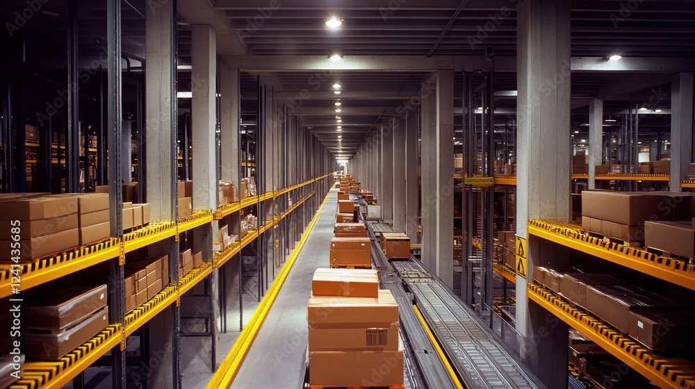 Obraz premium Automated warehouse conveyor system transporting packages