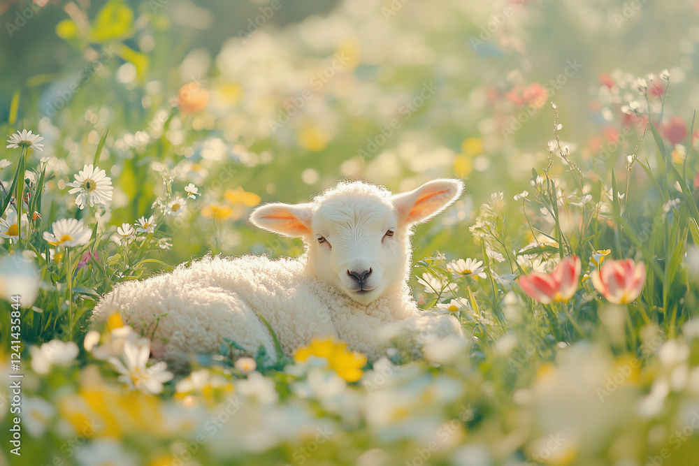 Fototapeta premium Lamb Among Wildflowers in a Sunny Meadow