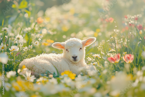 Lamb Among Wildflowers in a Sunny Meadow