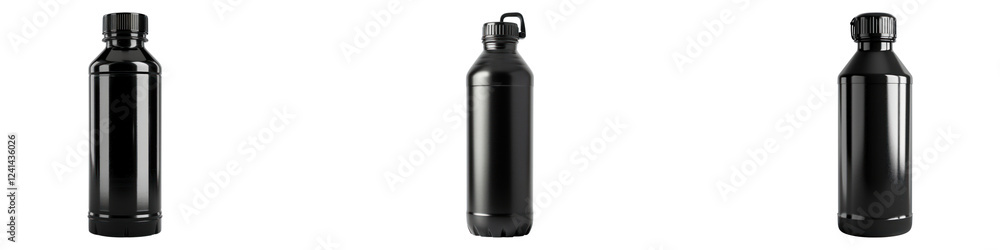 Black water bottle isolated on transparent background, PNG, Set of Black water bottle isolated on transparent background, PNG, Set of