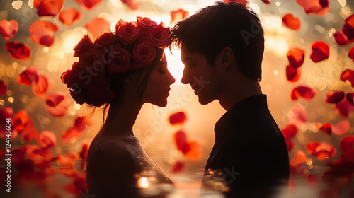 Enchanting Glow of Love: Silhouette of a Couple with Vibrant Rose Petals for Valentine's Day