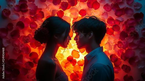 Romantic Silhouette of a Loving Couple Surrounded by Red Rose Petals on Valentine's Day