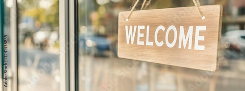 Warm welcome sign on glass door in sunlit urban setting