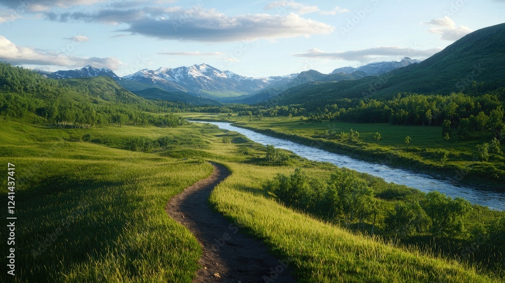 Scenic Mountain Landscape with River and Lush Green Fields Scenic Mountain Landscape with River and Lush Green Fields