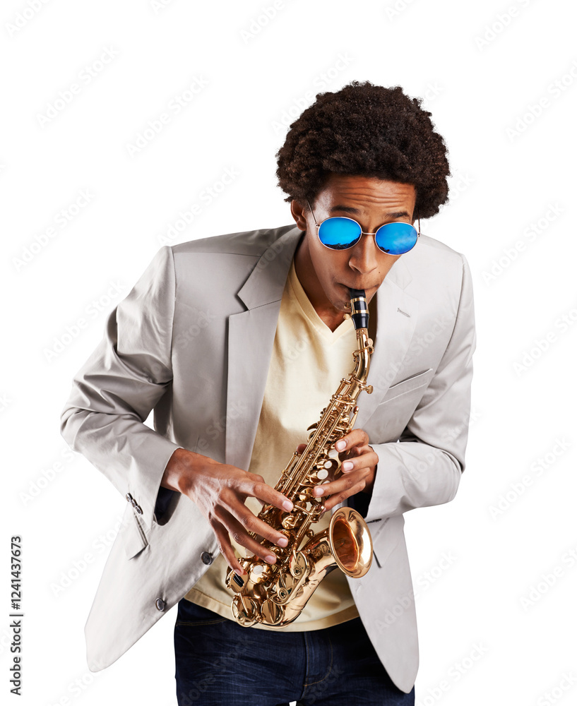 Fototapeta premium Man, saxophone and music or performance practice for band concert, orchestra or jazz festival. Male person, play instrument for learning creative audio show, isolated on transparent png background