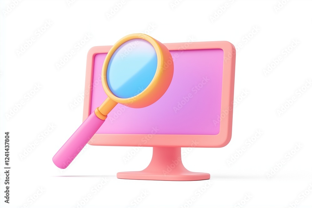 3d cartoon Magnifying glass on monitor 3d cartoon Magnifying glass on monitor