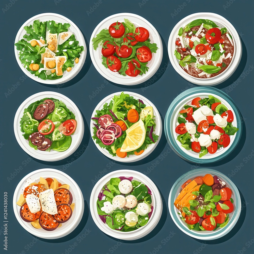 Vegan meals, colorful plant-based dishes, top view, flat design illustration Vegan meals, colorful plant-based dishes, top view, flat design illustration