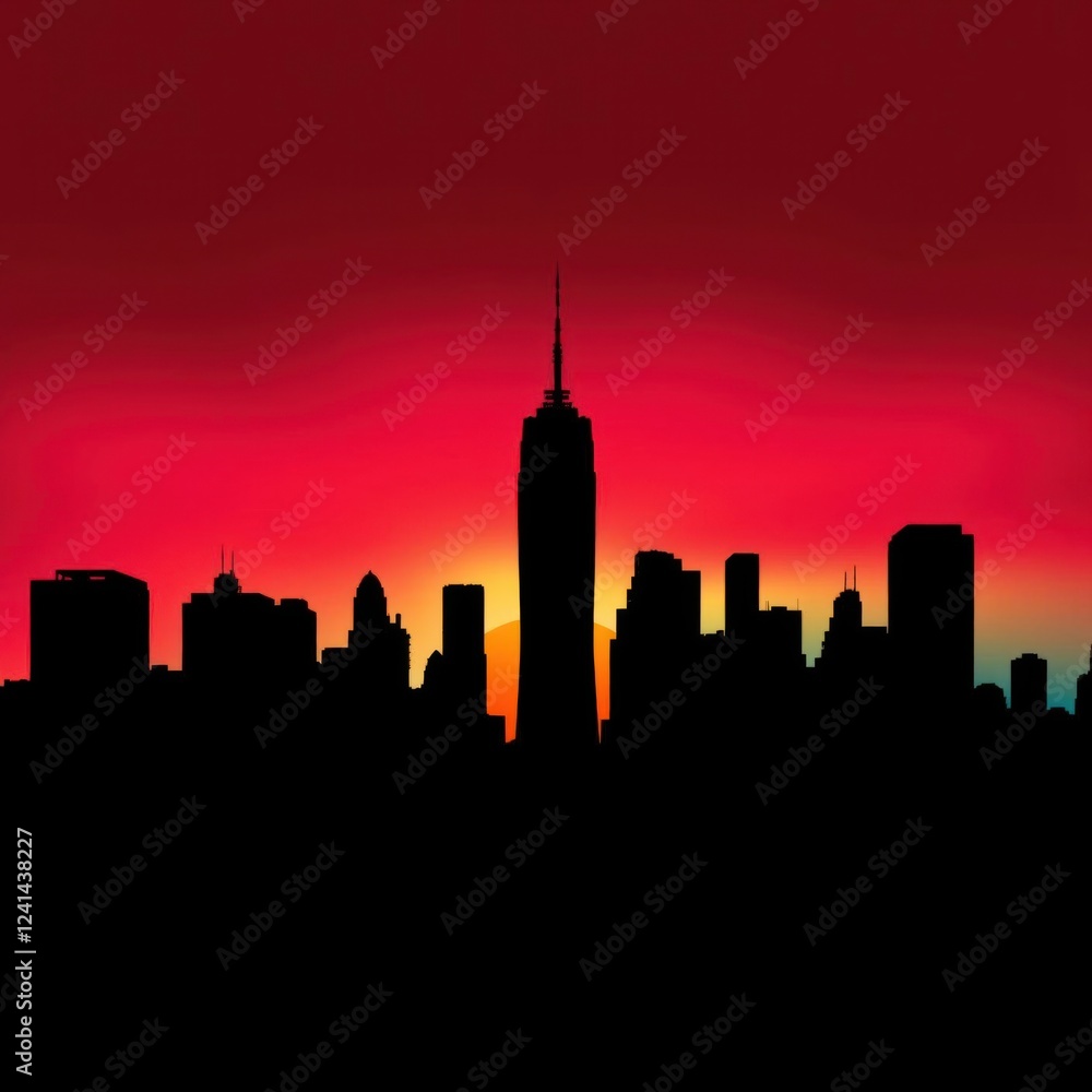 Obraz premium Stunning vibrant cityscapes bathed dramatic orange red hues during breathtaking sunset skies silhouetted skylines twinkling city lights horizon buildings silhouetted skyline cityscape architecture ill