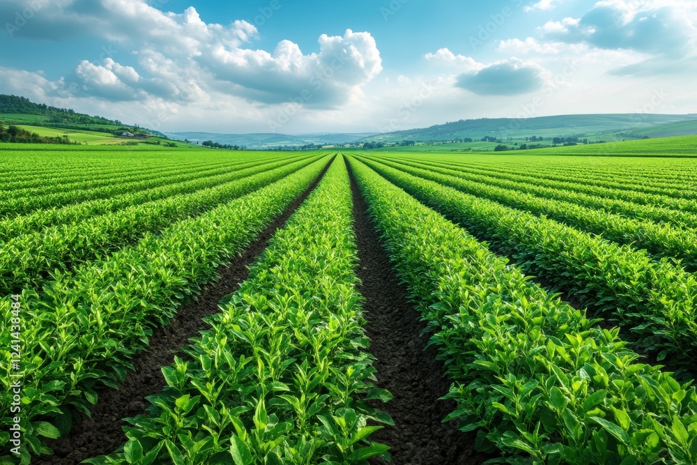 Lush green fields under a vast blue sky with cloud formations and rolling hills Lush green fields under a vast blue sky with cloud formations and rolling hills