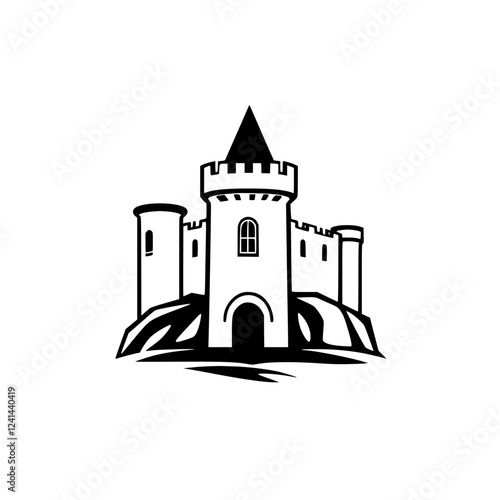 Majestic Castle on a Hilltop: A Fairytale Fortress. This image showcases a majestic castle perched atop a hill, embodying medieval architecture and a sense of timeless grandeur.