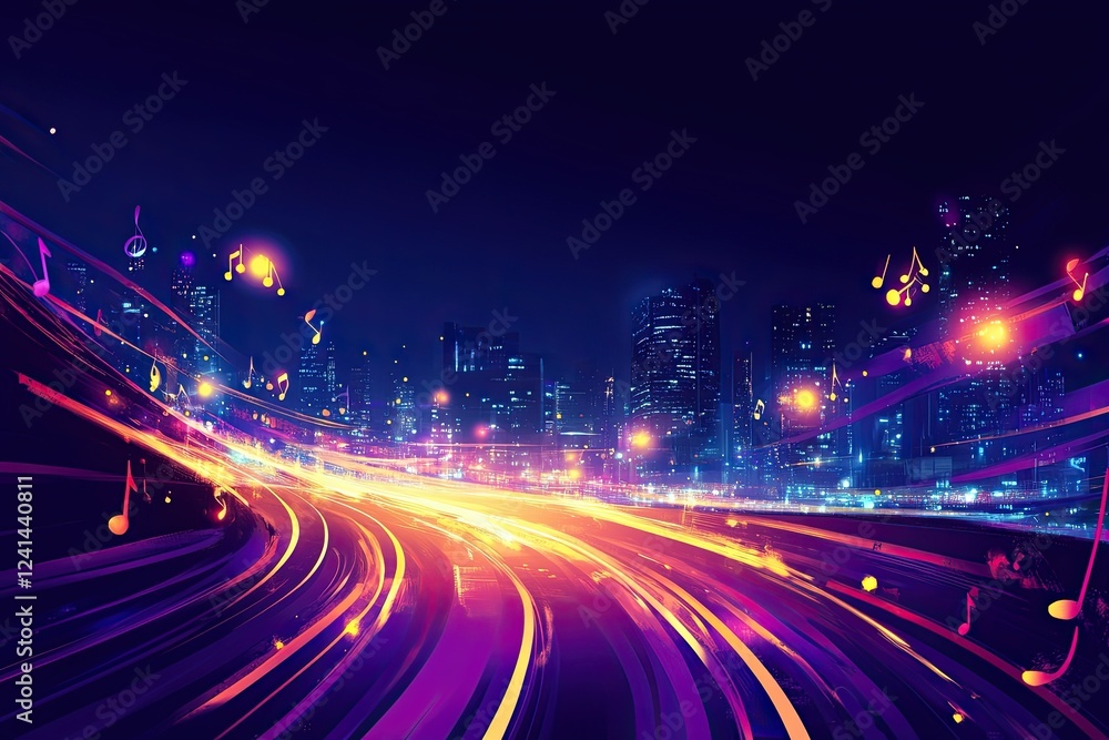 Music notes displayed on a dark blue abstract background in a banner/design Music notes displayed on a dark blue abstract background in a banner/design