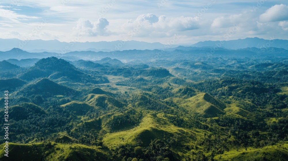 Fototapeta premium Aerial view of lush green mountains, valley, and hazy horizon; nature background, travel brochure