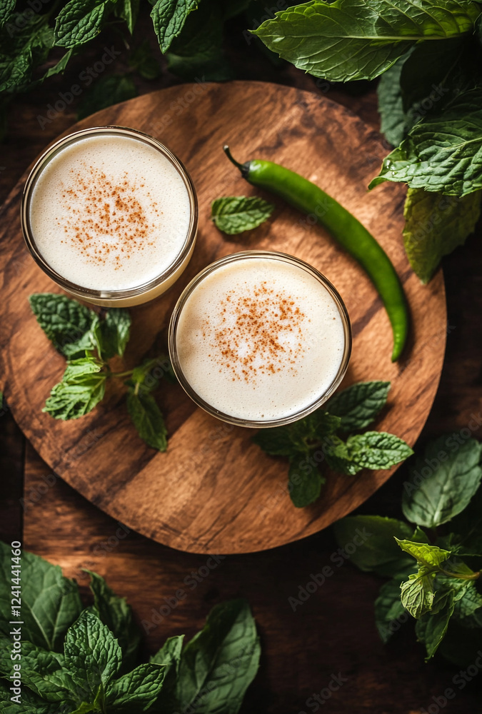 Coffee and Mint Display on Rustic Wooden Board Coffee and Mint Display on Rustic Wooden Board
