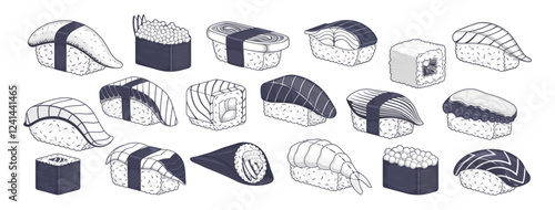 Set of sushi. Japanese food with rolls, nigiri, maki, temaki, uramaki. Asian seafood cuisine with rice, nori, tuna, salmon and fish roe. Vector illustration.
