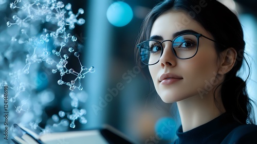 Young woman in glasses with thoughtful expression against blurred blue bokeh lights and molecular structure background for science and technology concepts.