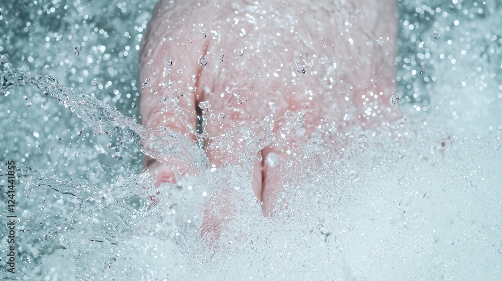 Fototapeta premium Hand in splashing water, nature background, refreshing feeling, website banner