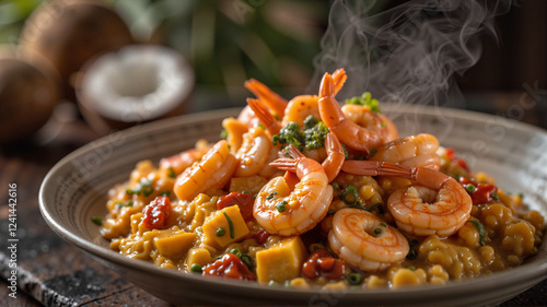 Delicious Brazilian Vatapá with shrimp in rustic kitchen, culinary art photo