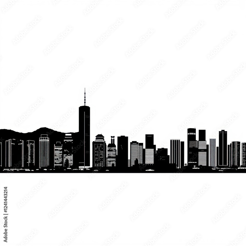Fototapeta premium Stunning city skyline at sunset showcasing tall buildings silhouetted against a gradient sky in beautiful pastel colors silhouetted skyline cityscape architecture illustration building city vector