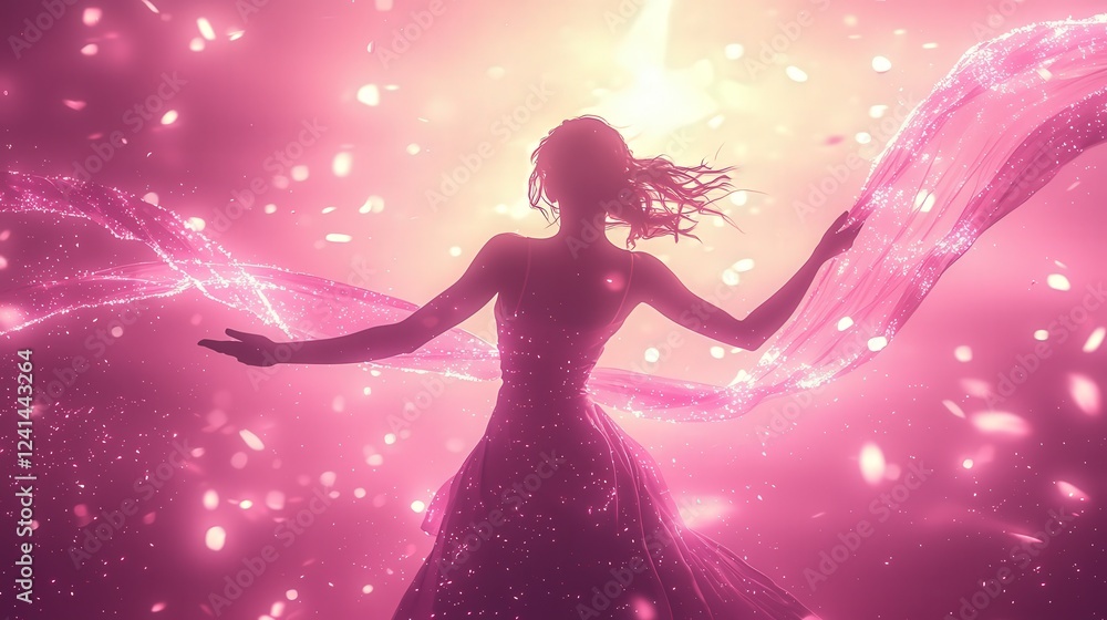 Enchanting Dancer with Glowing Ribbons Performing Amidst Sparkling Surroundings in a Dreamy Pink Atmosphere Enchanting Dancer with Glowing Ribbons Performing Amidst Sparkling Surroundings in a Dreamy Pink Atmosphere